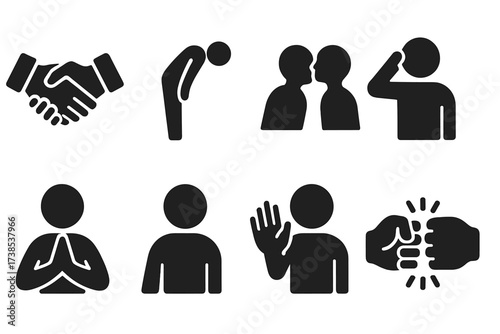 Global Greeting Icons. Solid, filled icon set of polite greetings worldwide: handshake, bow, cheek kiss, salute, wai gesture, nod, wave, fist bump. Solid,