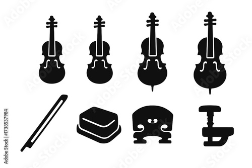 String Instruments Icons. Solid, filled icon set of string instruments: violin, viola, cello, double bass, bow, rosin, bridge, fine tuner. Solid, filled icons