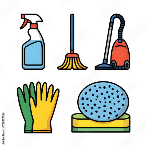 Cleaning supplies including spray bottle mop vacuum cleaner gloves and sponge arranged for home or professional cleaning services illustration