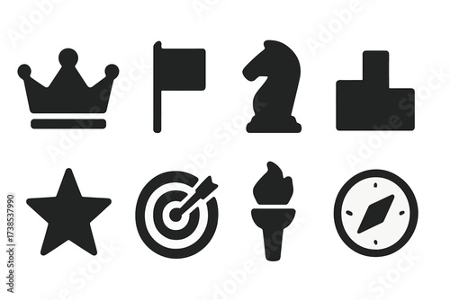 Team Leadership Icons. Solid, filled icon set of team leadership: crown, flag, chess knight, podium, star, target, torch, compass. [Line icons in only black