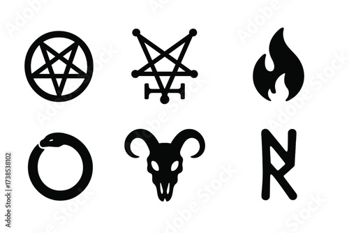 Dark Magic Icons. Solid, filled icon set of dark magic emblems: inverted pentagram, demon sigil, cursed circle, black flame, serpent ring, goat skull, shadow