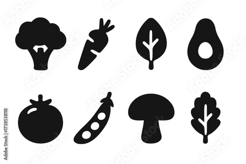Plant-Based Food Icons. Solid, filled icon set of plant-based foods: broccoli, carrot, spinach leaf, avocado, tomato, pea pod, mushroom, kale leaf. [Line icons