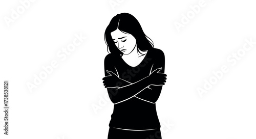 Black Silhouette of a Sad Woman Embracing Herself on White Background arms crossed