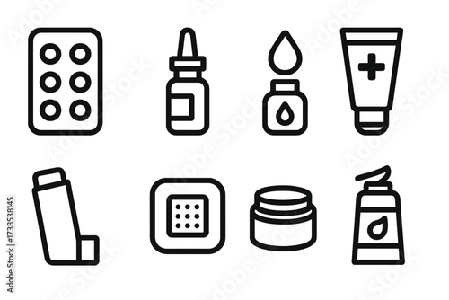 Allergy Relief Icons. Solid, filled icon set of medicated allergy relief: antihistamine pills, nasal spray, eye drops, medicated cream, inhaler, allergy patch,