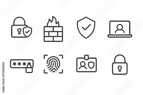 Security and Communication Icons. Outline icon set of signal security: encryption, firewall, VPN, secure connection, password protection, biometric scan,