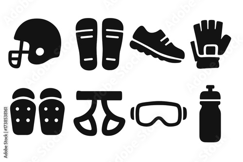 Sports Equipment Icons. Solid, filled icon set of durability in sports equipment: football helmet, shin guards, running shoes, cycling gloves, protective pads,