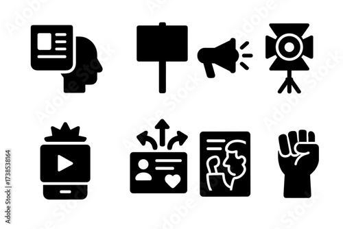 News Impact Icons. Solid, filled icon set of newspaper impact: public opinion, protest sign, megaphone, spotlight, breaking news, viral post, editorial