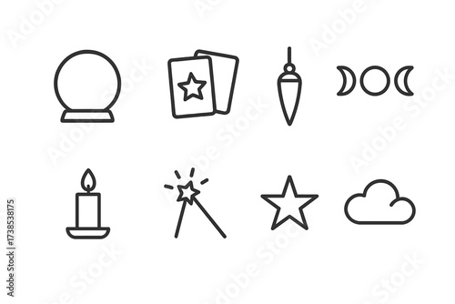 Mystical Fortune Icons. Outline icon set of mystical fortune: crystal ball, tarot cards, pendulum, moon phases, candle, magic wand, star, clouds. Line icons in