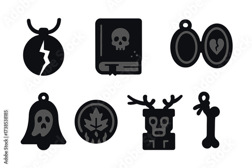 Haunted Forest Icons. Solid, filled icon set of haunted forest artifacts: broken amulet, dusty book, ancient dagger, cracked locket, ghost bell, cursed coin,