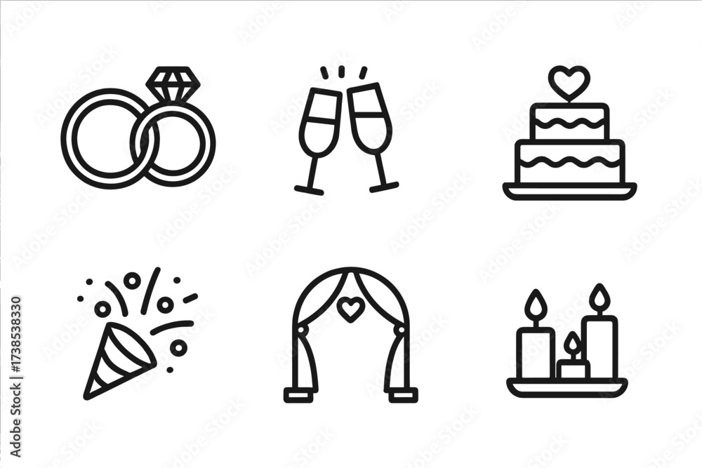 Fototapeta premium Ceremony Icons Set. Outline icon set of ceremony elements: wedding rings, bouquet, champagne glasses, cake, confetti, arch, guestbook, candles. Line icons in