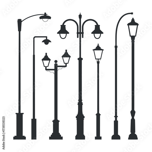Streetlight Silhouettes Outdoor Lamppost Black Vector