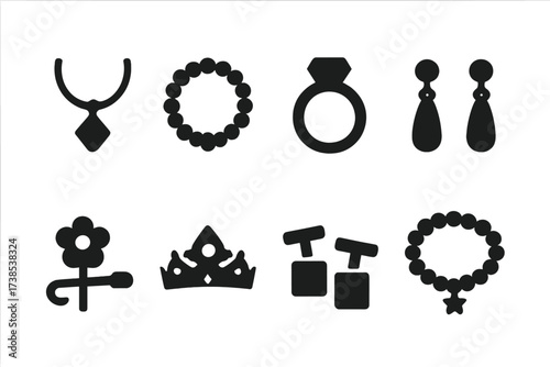 Jewelry Icon Grid. Solid, filled icon set of jewelry pieces: necklace, bracelet, ring, earrings, brooch, tiara, cufflinks, anklet. Solid, filled icons in only
