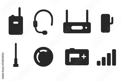 Wireless Microphone Icons. Solid, filled icon set of wireless microphone systems: bodypack transmitter, headset mic, receiver unit, belt clip, wireless