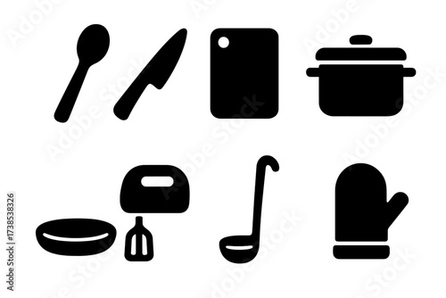Banquet Kitchen Tools. Solid, filled icon set of banquet kitchen tools: serving spoon, carving knife, chopping board, pot, frying pan, mixer, ladle, oven mitt.