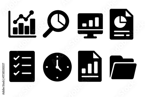 Clue Analysis Icons. Solid, filled icon set of clue analysis: charts, graphs, magnifier, computer, document, checklist, clock, report folder. [Line icons in