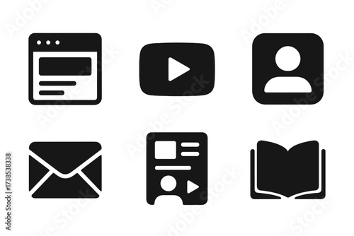 Digital Content Icons. Solid, filled icon set of content platforms: website, YouTube, podcast app, social media, email newsletter, blog, online course, digital