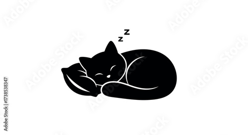 Black Silhouette of a Sleeping Cat Curled on a Pillow with Zzz Symbols asleep