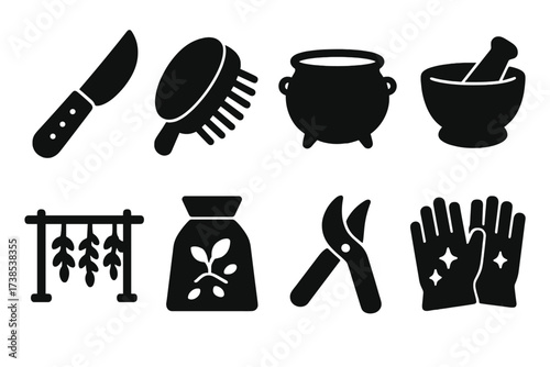 Herbology Tools Icons. Solid, filled icon set of dark herbology tools: herb knife, root brush, iron pot, mortar and pestle, drying rack, seed pouch, pruning