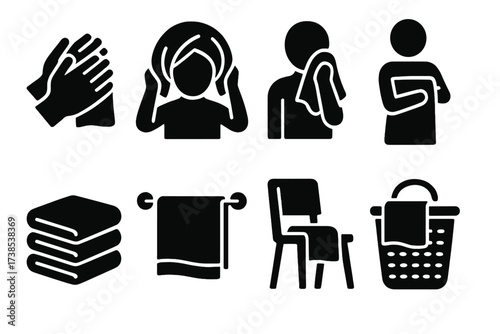 Towel Usage Icons. Solid, filled icon set of towel usage scenes: drying hands, drying hair, wiping face, wrapping body, folded towel stack, towel on shelf,