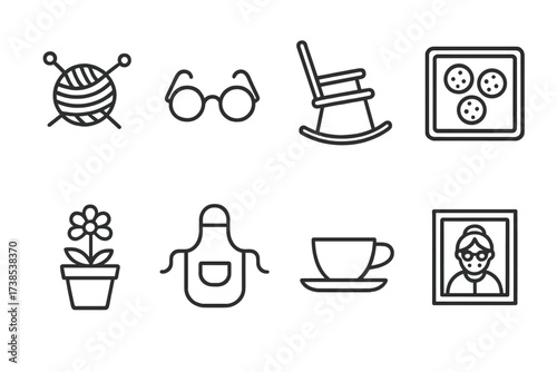 Grandmother's Essentials Icons. Outline icon set of grandmother: knitting needles, glasses, rocking chair, baking tray, flower pot, apron, teacup, photo frame.