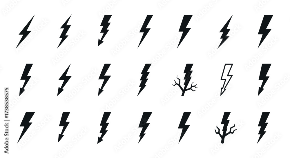 Naklejka premium Collection of Black Lightning Bolt Icons and Tree Branch Silhouettes on White Background thunderbolt
