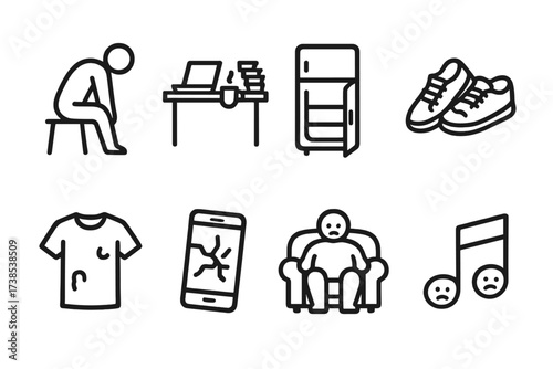 Loser Lifestyle Icons. Outline icon set of loser lifestyle: slouched figure, messy desk, empty fridge, worn shoes, old clothes, broken phone, couch potato, sad