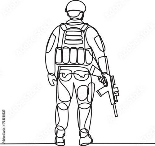 Silhouette Outline Soldier Armed with Rifle Standing Ready in Combat Gear
