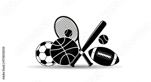 Collection of black and white sports equipment icons on a white background group