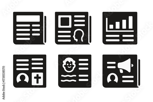Newspaper Content Icons. Solid, filled icon set of newspaper content: headline, byline, photograph, infographic, editorial, cartoon, advertisement, obituary.