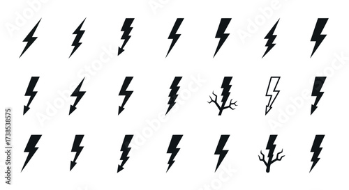 Collection of Black Lightning Bolt Icons and Tree Branch Silhouettes on White Background thunderbolt