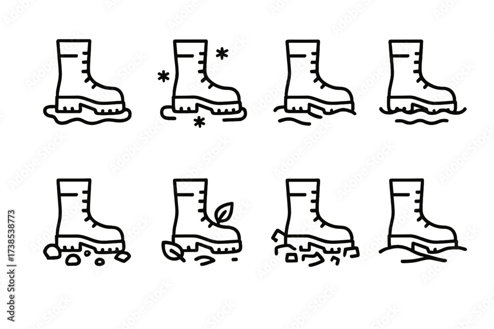 Obraz premium Military Boots Icons. Outline icon set of military boots environmental adaptations: mud, snow, sand, water, rocky terrain, forest floor, urban rubble, desert