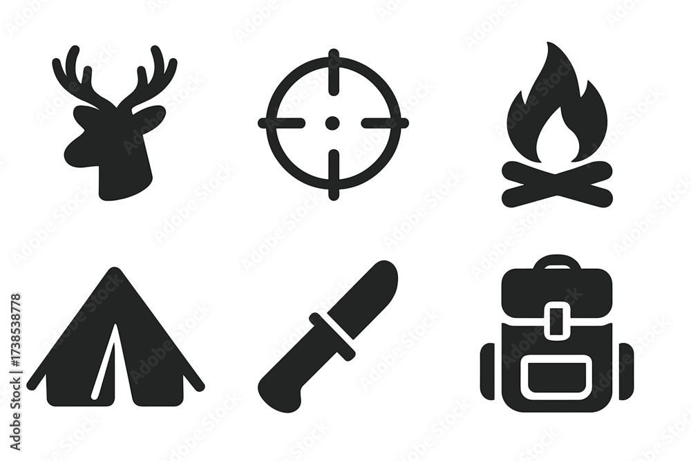 Fototapeta premium Hunting Gear Icons. Solid, filled icon set of hunting targets: deer silhouette, rifle scope, tracks, campfire, tent, hunting knife, binoculars, backpack. [Line