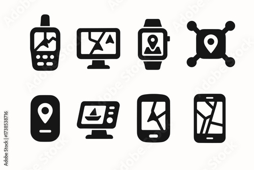 GPS Device Icons. Solid, filled icon set of GPS devices: handheld GPS, car GPS navigator, smartwatch GPS, drone GPS module, GPS tracker, marine GPS, cycling
