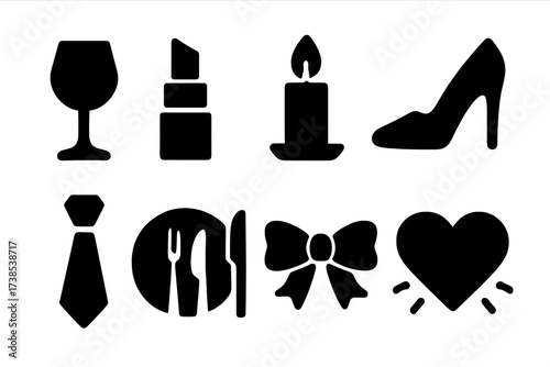 Date Night Icons. Solid, filled icon set of date night: wine glass, lipstick, candle, stiletto shoe, silk tie, dinner plate, satin ribbon, glowing heart.