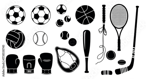 Collection of Black Silhouettes of Various Sports Equipment on White Background balls racket