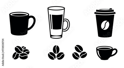 Collection of Coffee Icons Including Cups and Beans on White Background latte takeaway cup