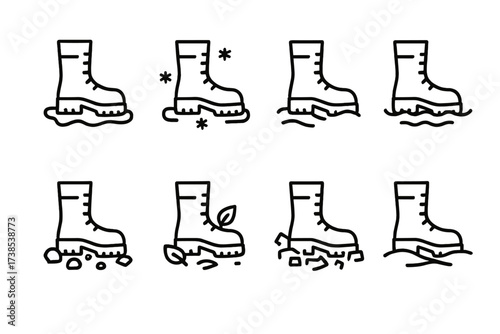 Military Boots Icons. Outline icon set of military boots environmental adaptations: mud, snow, sand, water, rocky terrain, forest floor, urban rubble, desert