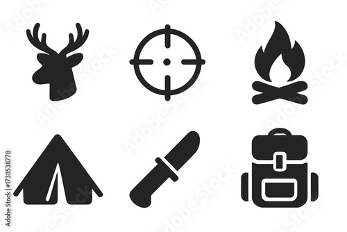 Hunting Gear Icons. Solid, filled icon set of hunting targets: deer silhouette, rifle scope, tracks, campfire, tent, hunting knife, binoculars, backpack. [Line