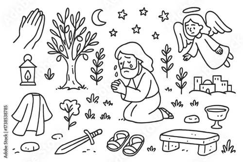 Gethsemane Prayer Doodle. Hand-drawn doodle illustration Jesus? moment of sorrow in Gethsemane praying hands, olive tree, Jesus kneeling, tears, lantern,