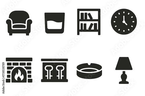 Cigar Lounge Icons. Solid, filled icon set of cigar lounge elements: armchair, whiskey glass, bookshelf, clock, fireplace, bar counter, ashtray, lamp. Solid,