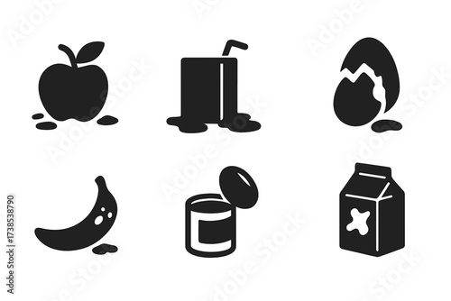 Found Food Icons. Solid, filled icon set of found food items: dropped apple, lost sandwich, spilled juice, cracked egg, bruised banana, broken chocolate,