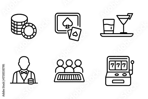Blackjack Casino Icon Set. Outline icon set of blackjack casino environment: poker chips, neon sign, casino table, drinks, crowd, dealer, chips tray, slot