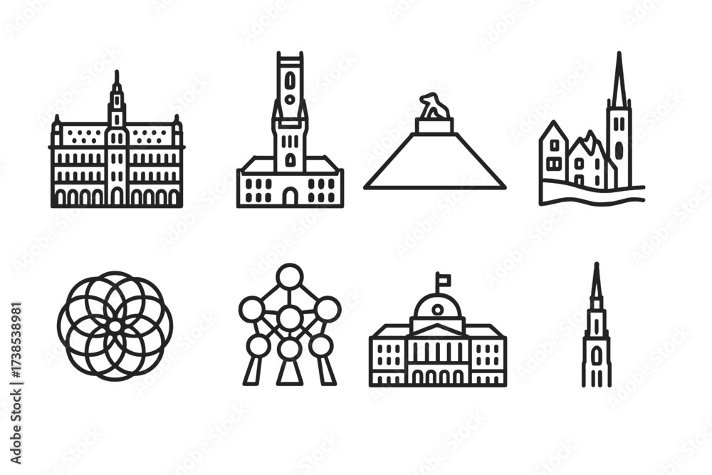 Obraz premium Belgian Icons Outline. Outline icon set of Belgian landmarks: Grand Place, Belfry tower, Waterloo battlefield, Bruges canals, Ghent castle, Atomium, Royal