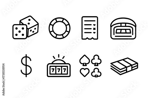 Gambling Icon Set. Outline icon set of gambling stakes: dice, poker chips, betting slip, casino table, dollar sign, jackpot, card suits, cash stack. Line icons