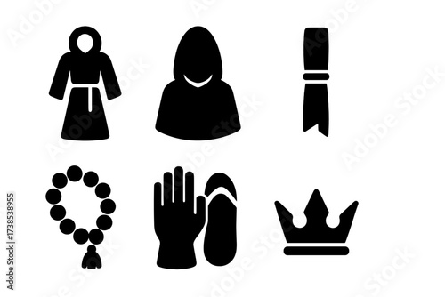 Ritual Garments Icons. Solid, filled icon set of ritual garments: robe, hood, mask, sash, beads, gloves, sandals, crown. Solid, filled icons in only black