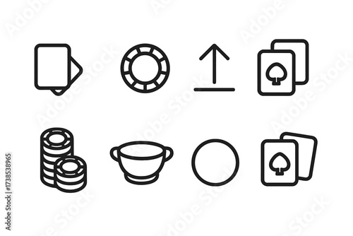 Poker Icons Set. Outline icon set of unlimited poker actions: fold, call, raise, all-in, chip stack, pot, dealer button, player cards. Line icons in only black