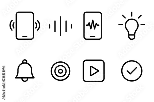 Touch Feedback Icons. Outline icon set of touch feedback: vibration, sound wave, haptic pulse, light flash, notification, ripple effect, animation,