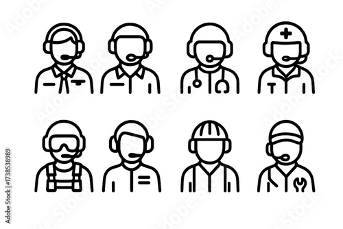 Helicopter Crew Icons. Outline icon set of helicopter crew: pilot, co-pilot, flight engineer, medic, rescue operator, navigator, ground crew, maintenance
