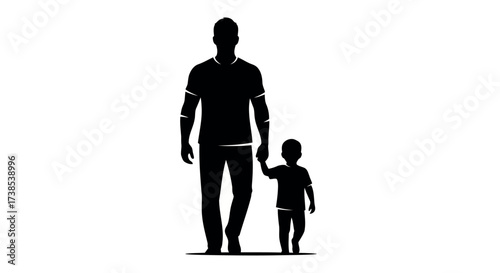 Silhouette of a Father Holding His Son's Hand Walking Together on White Background family parent