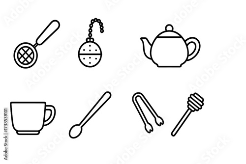 Mint Tea Icon Set. Outline icon set of mint tea utensils: tea strainer, infuser ball, tea cozy, ceramic teapot, glass cup, stirring stick, sugar tongs, honey